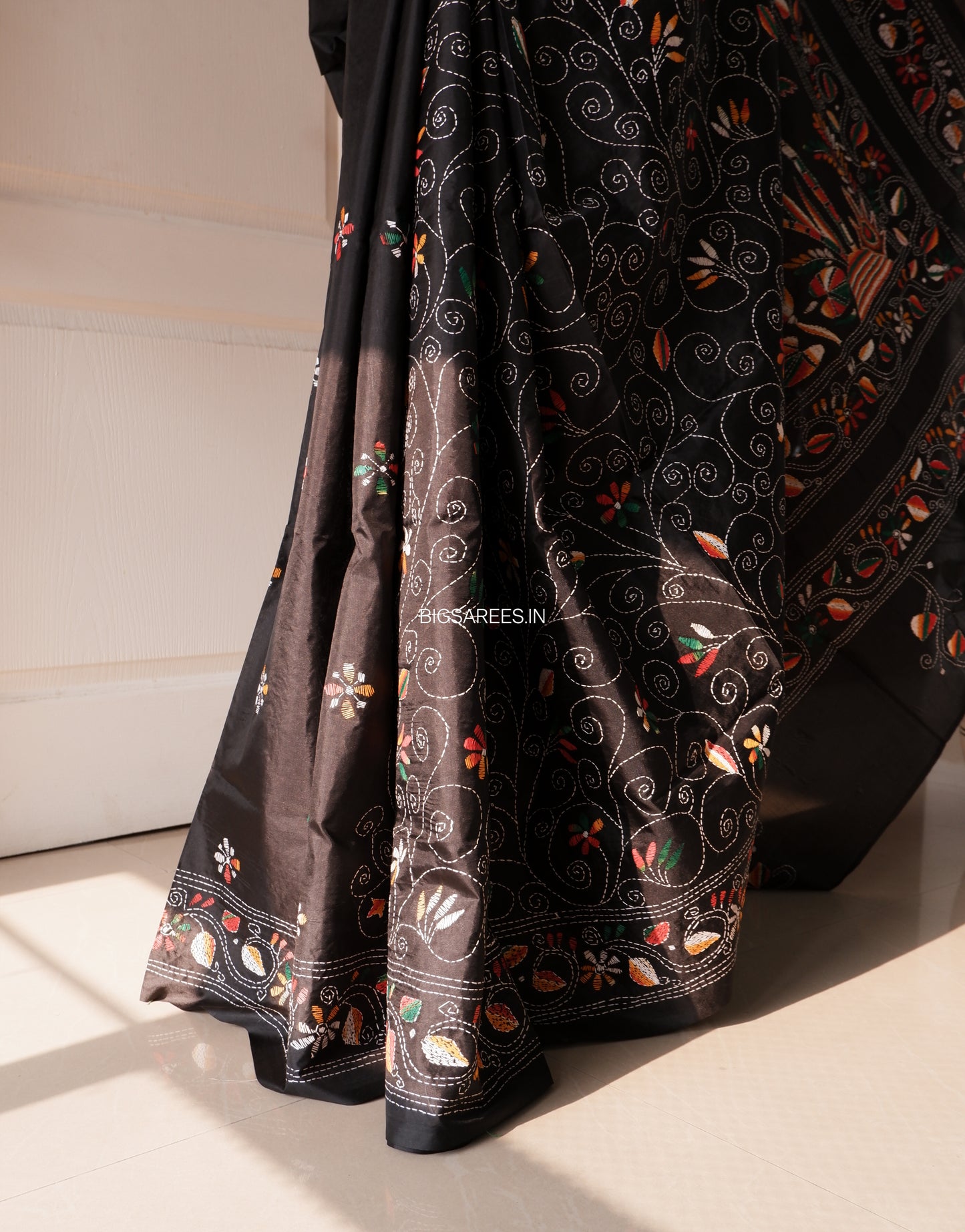 Kantha Stitch Hand Work Embroidered Art Silk Saree With Blouse