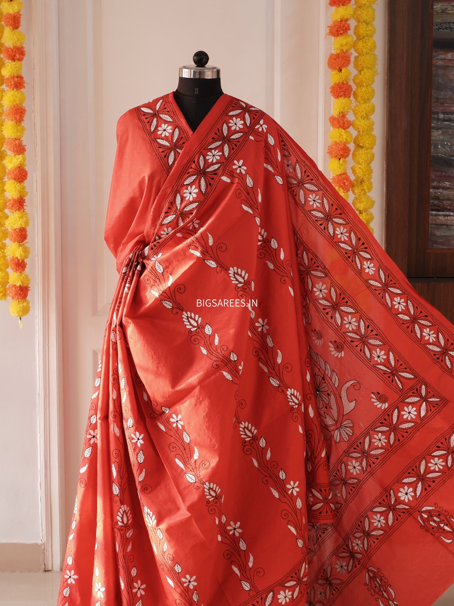 Kantha Stitch Hand Work Embroidered Art Silk Saree With Blouse