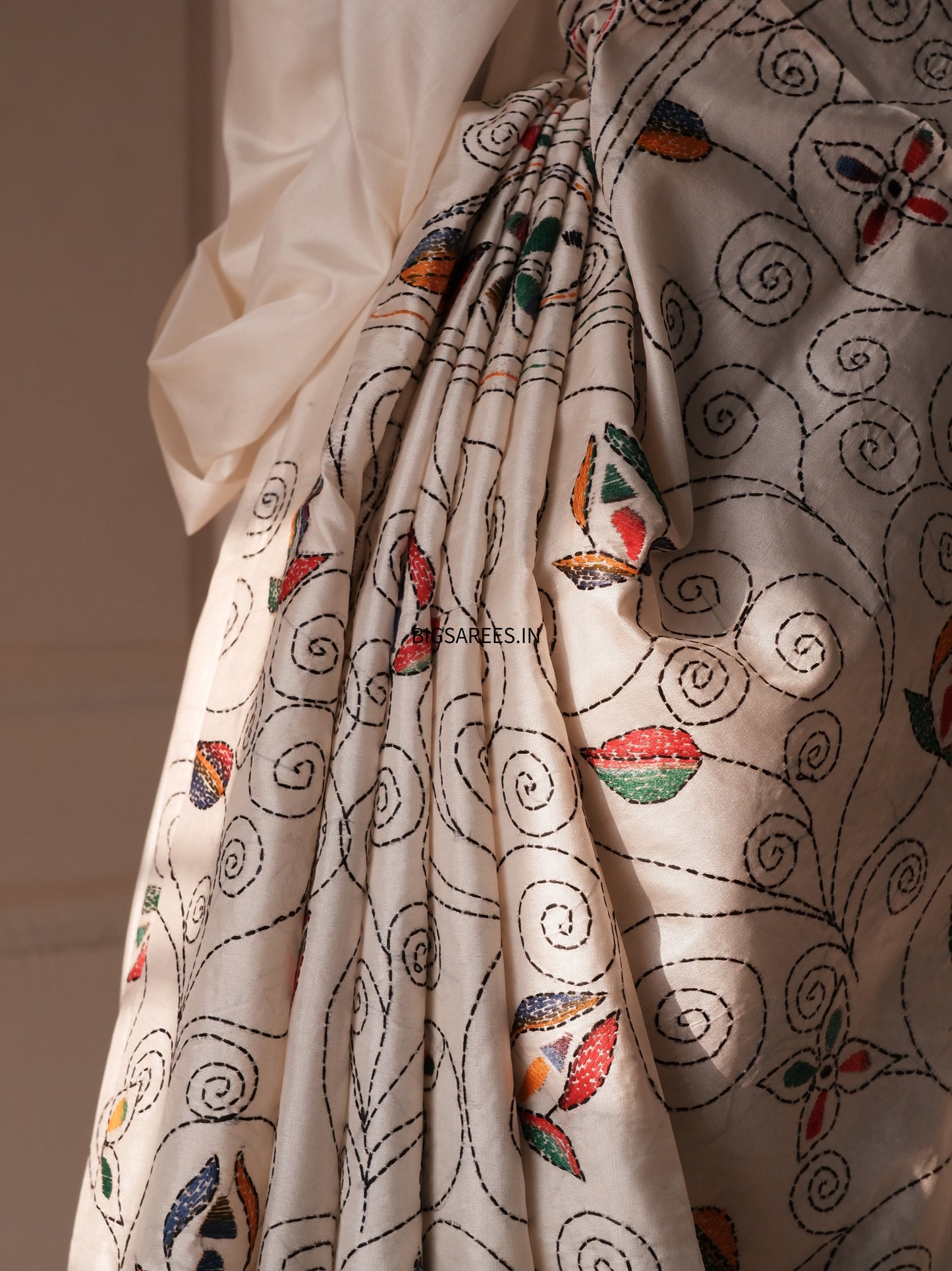 Kantha Stitch Hand Work Embroidered Art Silk Saree With Blouse