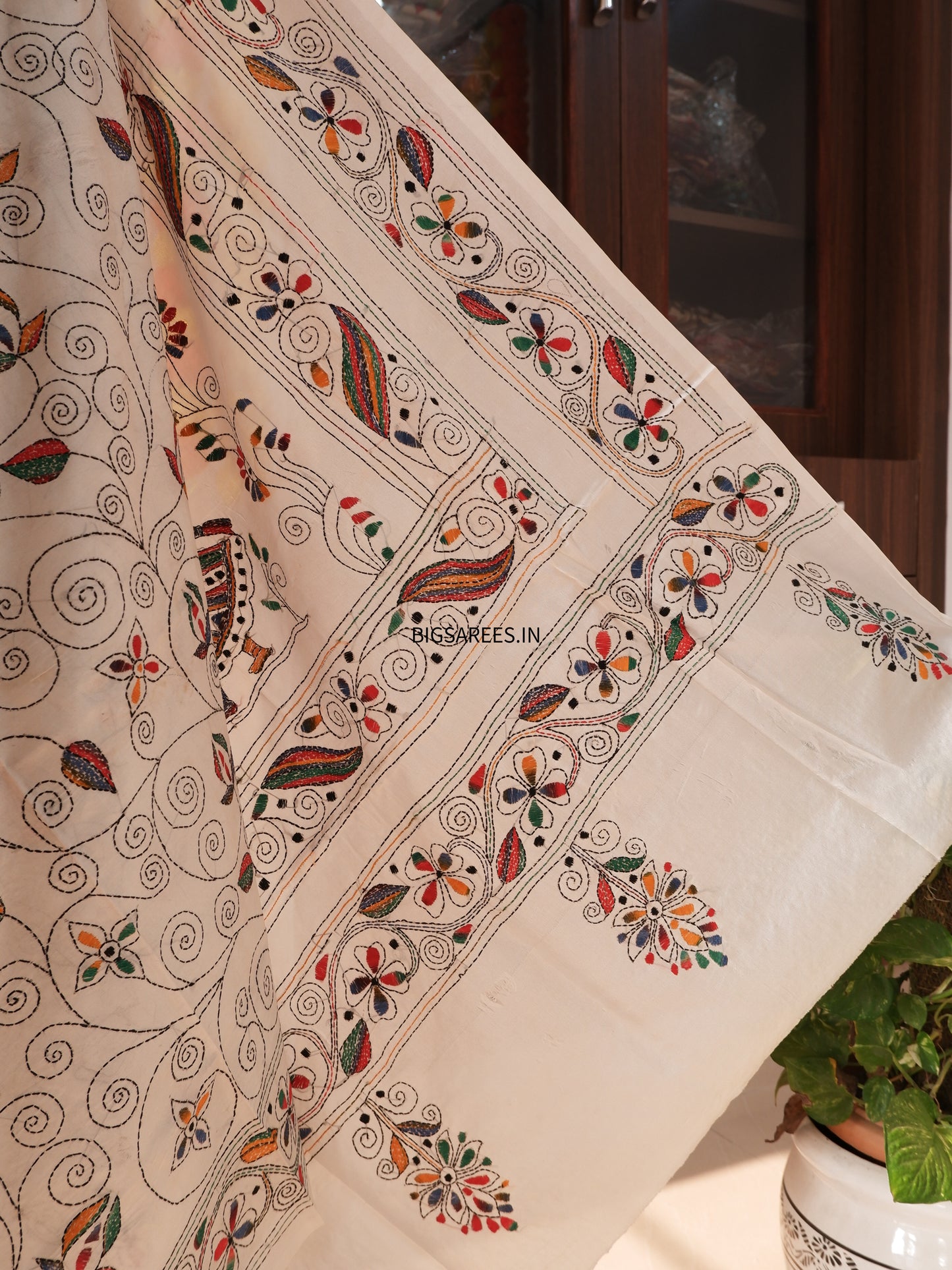 Kantha Stitch Hand Work Embroidered Art Silk Saree With Blouse