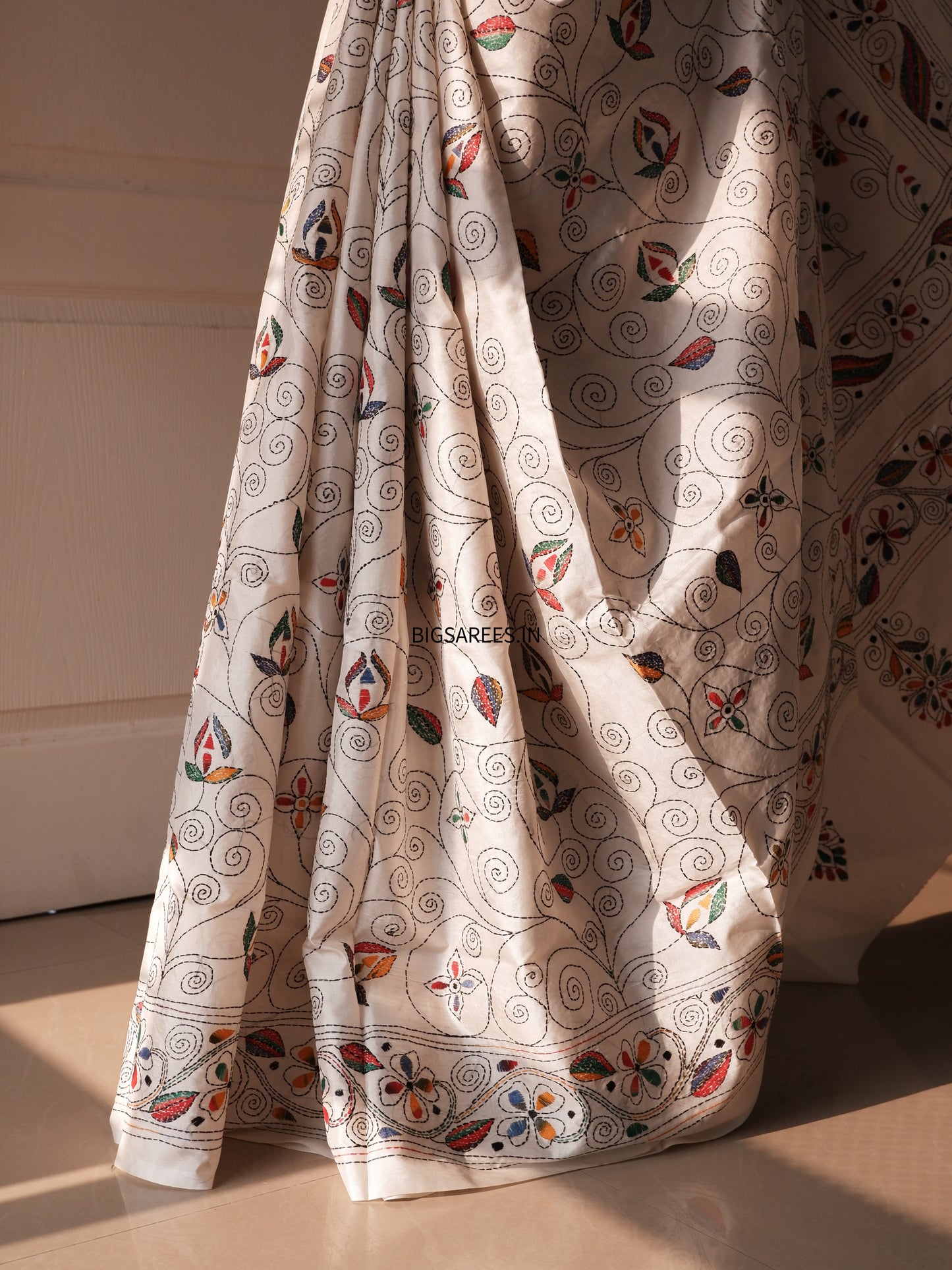 Kantha Stitch Hand Work Embroidered Art Silk Saree With Blouse