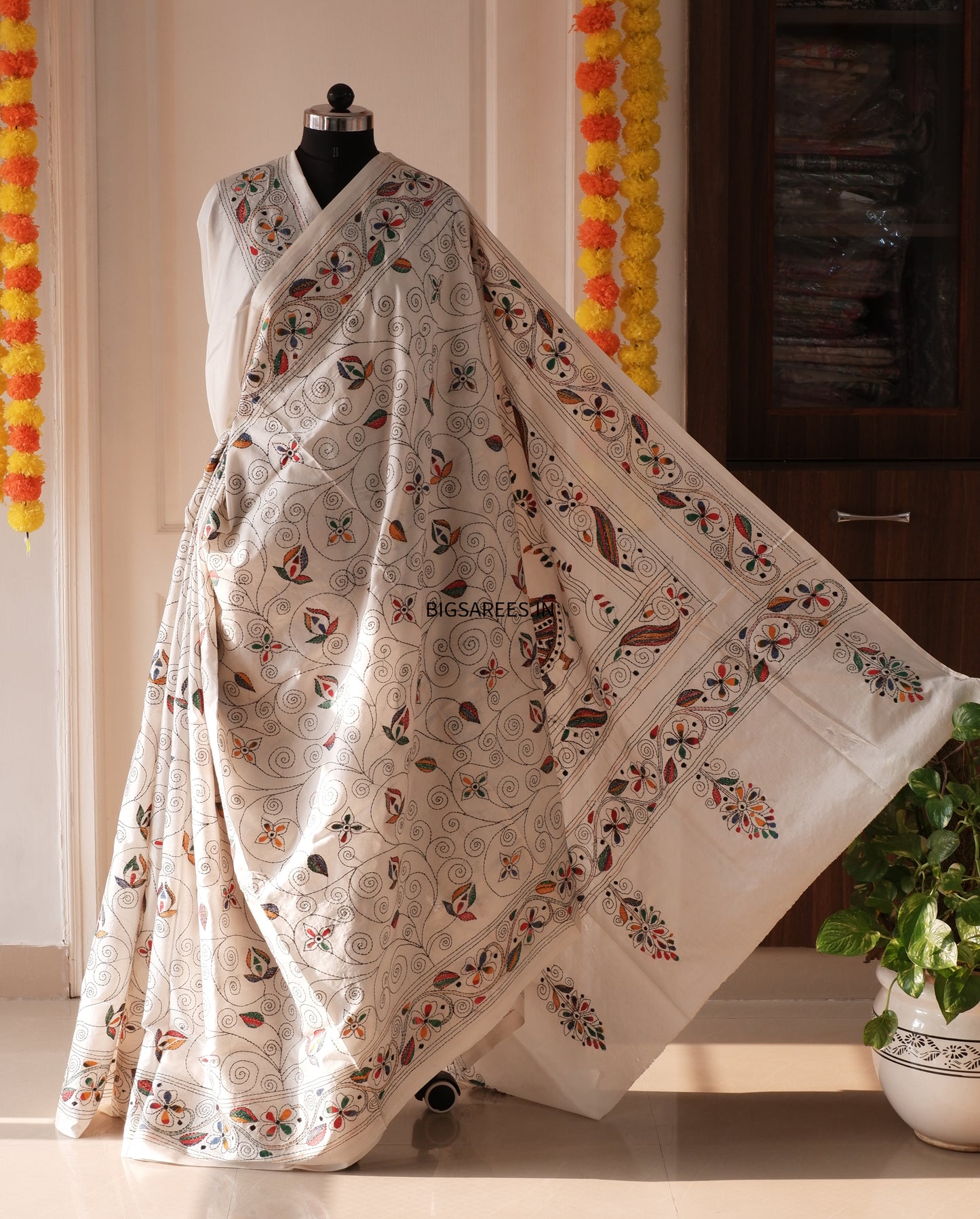 Kantha Stitch Hand Work Embroidered Art Silk Saree With Blouse