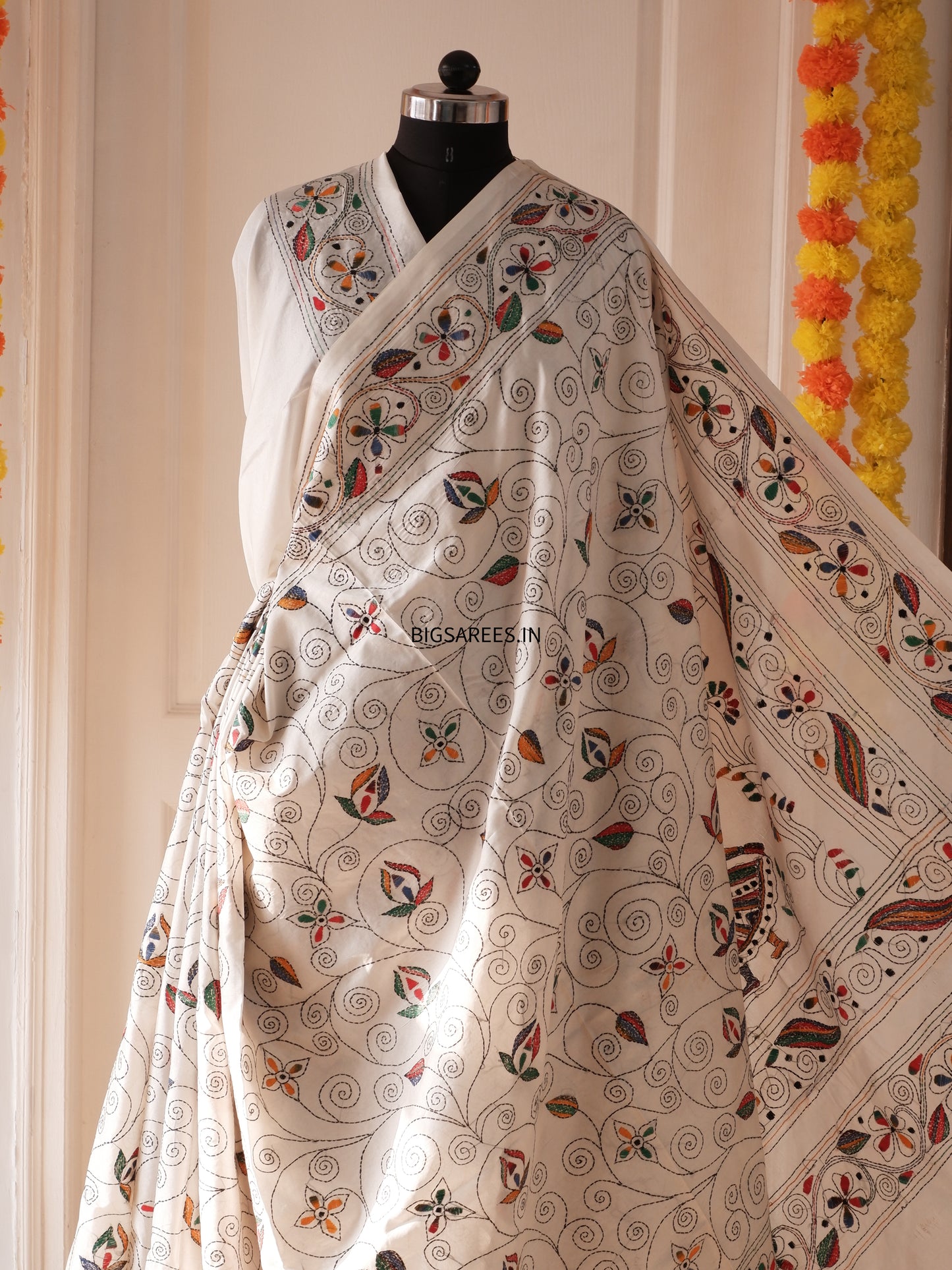 Kantha Stitch Hand Work Embroidered Art Silk Saree With Blouse