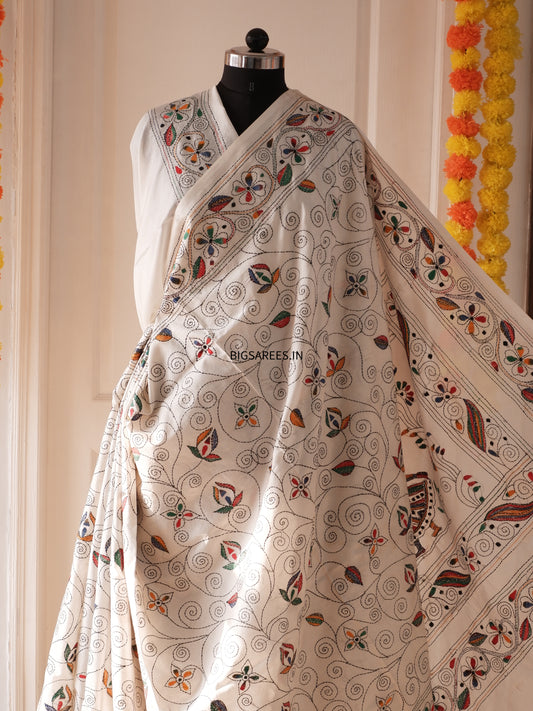 Kantha Stitch Hand Work Embroidered Art Silk Saree With Blouse