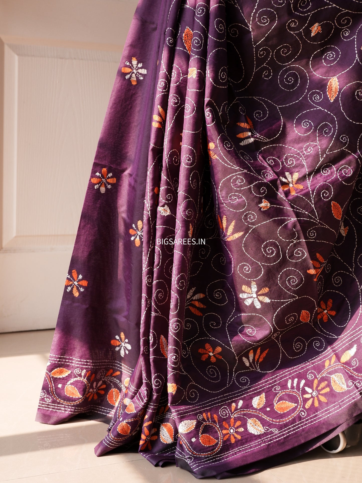 Kantha Stitch Hand Work Embroidered Art Silk Saree With Blouse