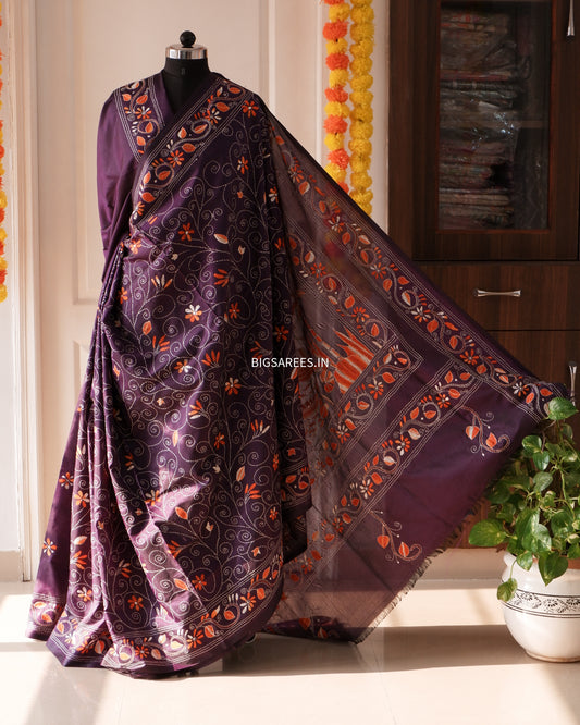 Kantha Stitch Hand Work Embroidered Art Silk Saree With Blouse