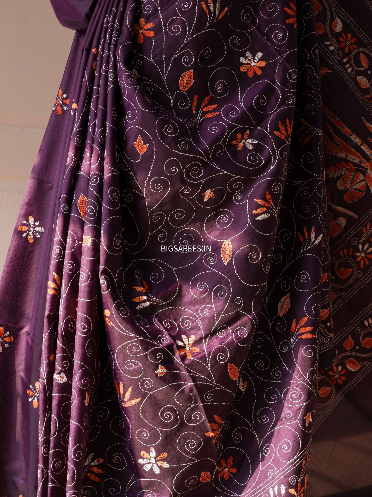 Kantha Stitch Hand Work Embroidered Art Silk Saree With Blouse