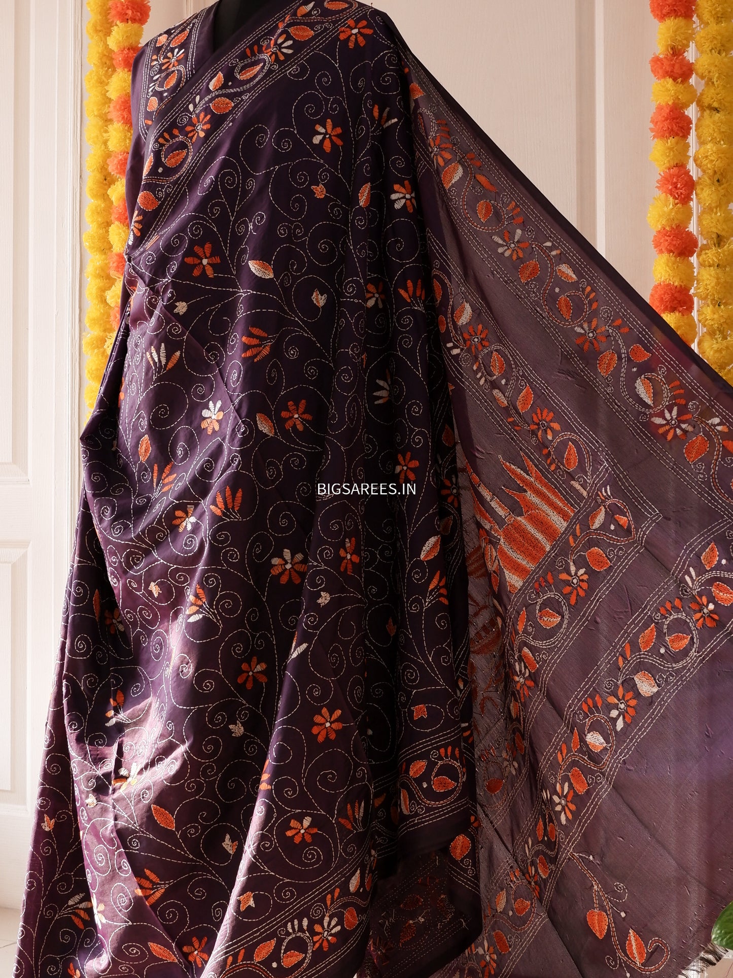 Kantha Stitch Hand Work Embroidered Art Silk Saree With Blouse