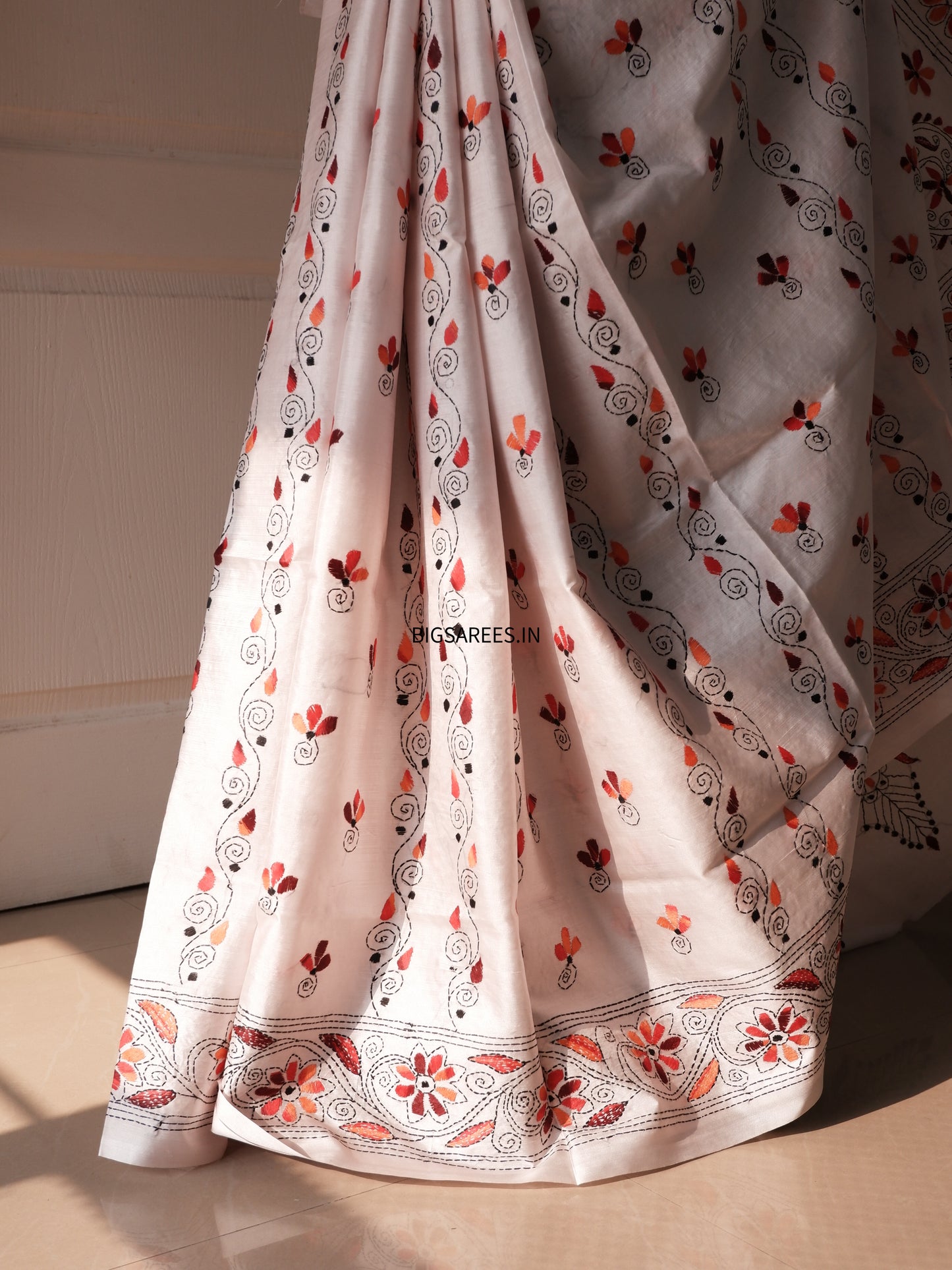 Kantha Stitch Hand Work Embroidered Art Silk Saree With Blouse