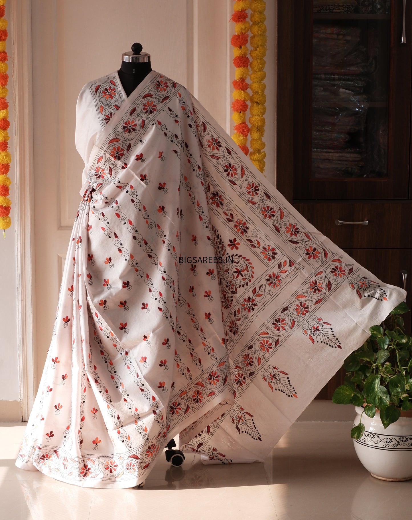 Kantha Stitch Hand Work Embroidered Art Silk Saree With Blouse