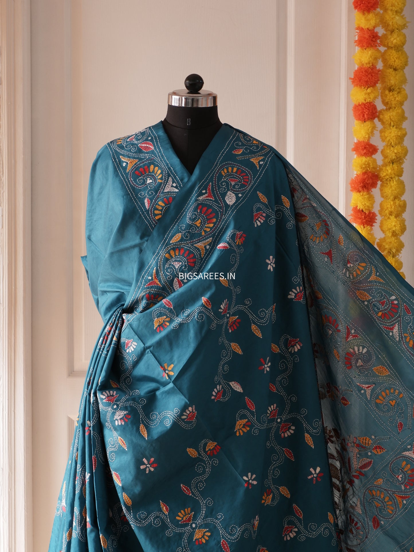 Kantha Stitch Hand Work Embroidered Art Silk Saree With Blouse