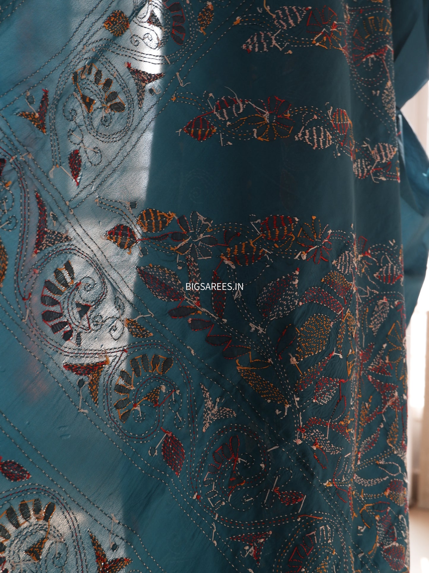 Kantha Stitch Hand Work Embroidered Art Silk Saree With Blouse