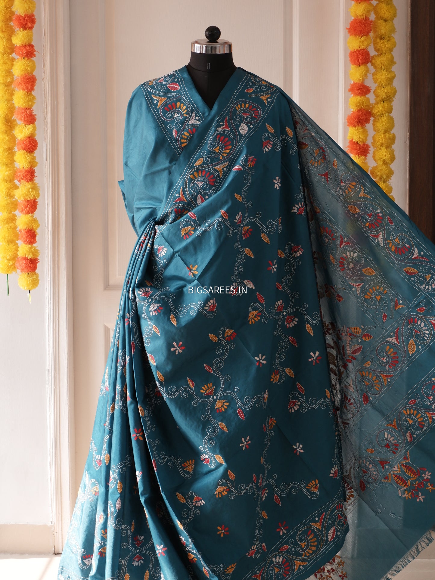 Kantha Stitch Hand Work Embroidered Art Silk Saree With Blouse