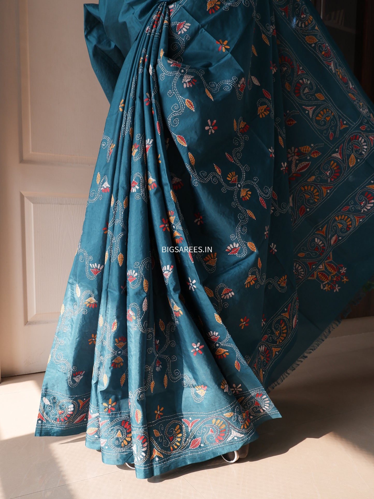 Kantha Stitch Hand Work Embroidered Art Silk Saree With Blouse