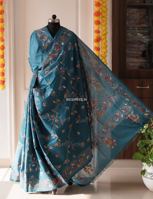 Kantha Stitch Hand Work Embroidered Art Silk Saree With Blouse