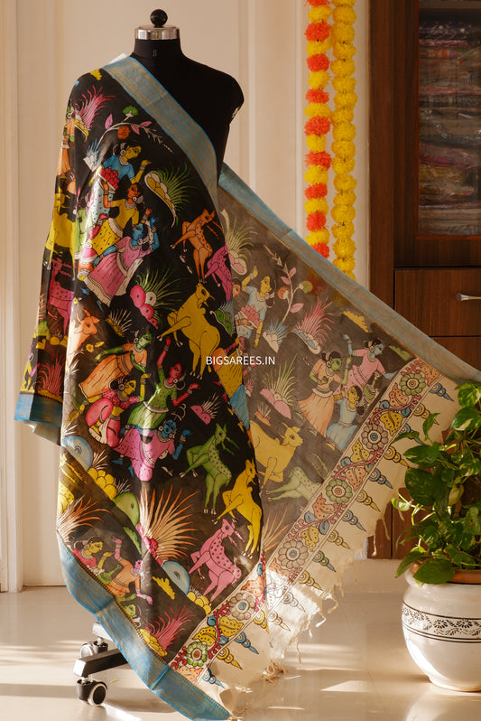 Pen Kalamkari Hand Painted Bangalore Silk Dupatta/Black/36"