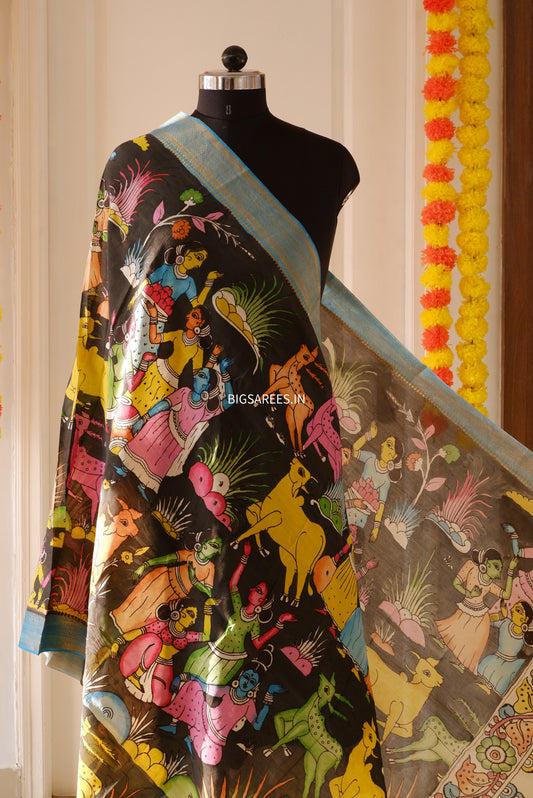 Pen Kalamkari hand painted Banglore Silk Dupatta