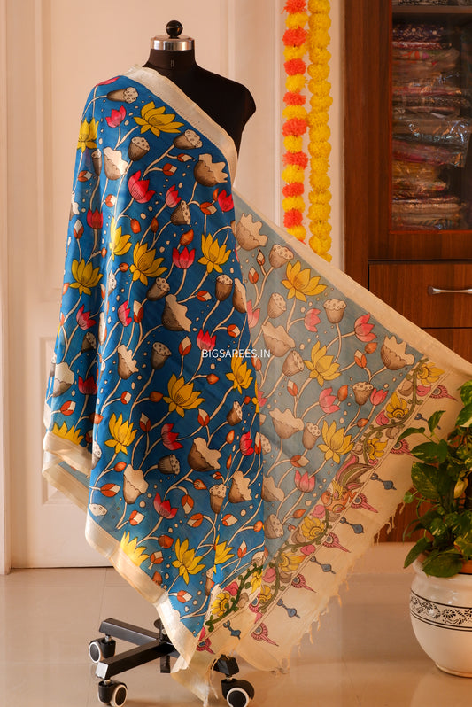 Pen Kalamkari Hand Painted Bangalore Silk Dupatta/Blue/36"