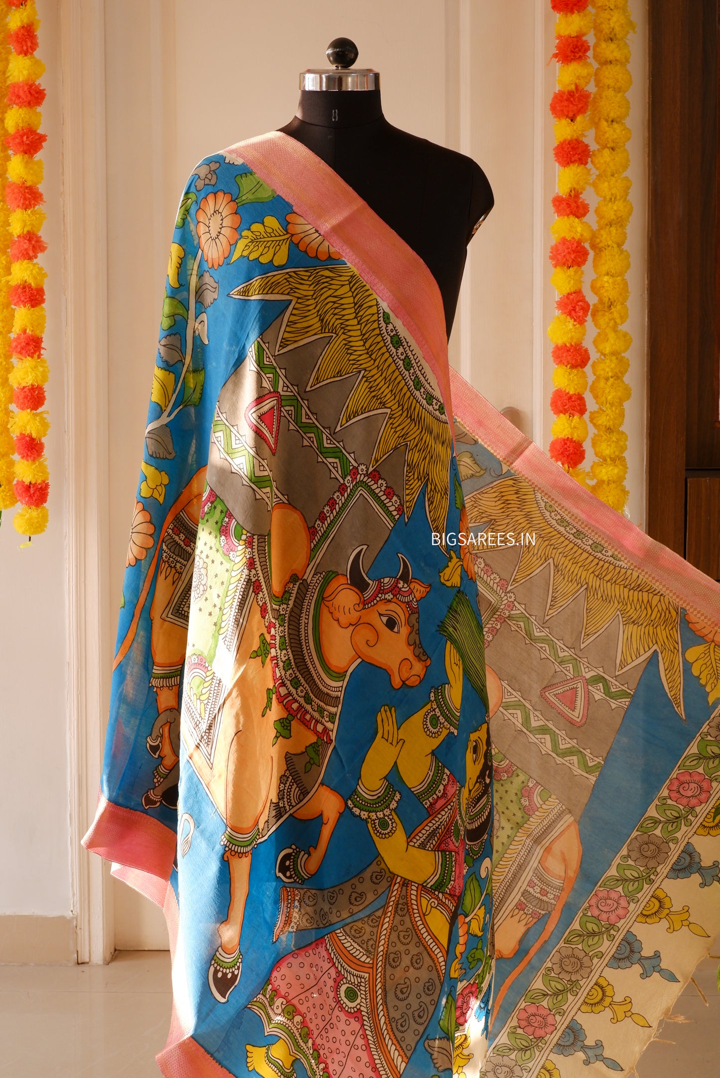 Pen Kalamkari Hand Painted Bangalore Silk Dupatta | Blue | 36"