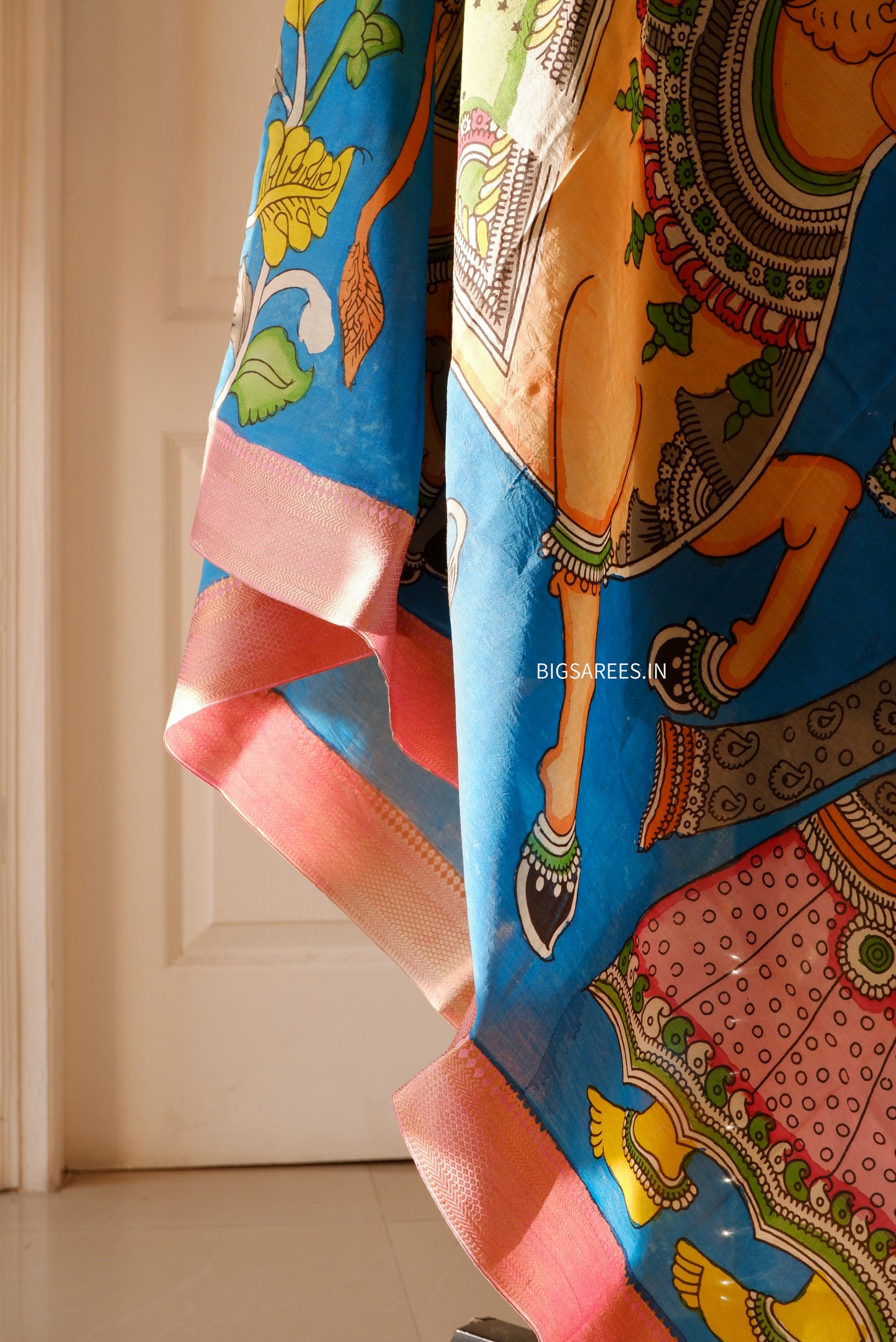 Pen Kalamkari Hand Painted Bangalore Silk Dupatta | Blue | 36"