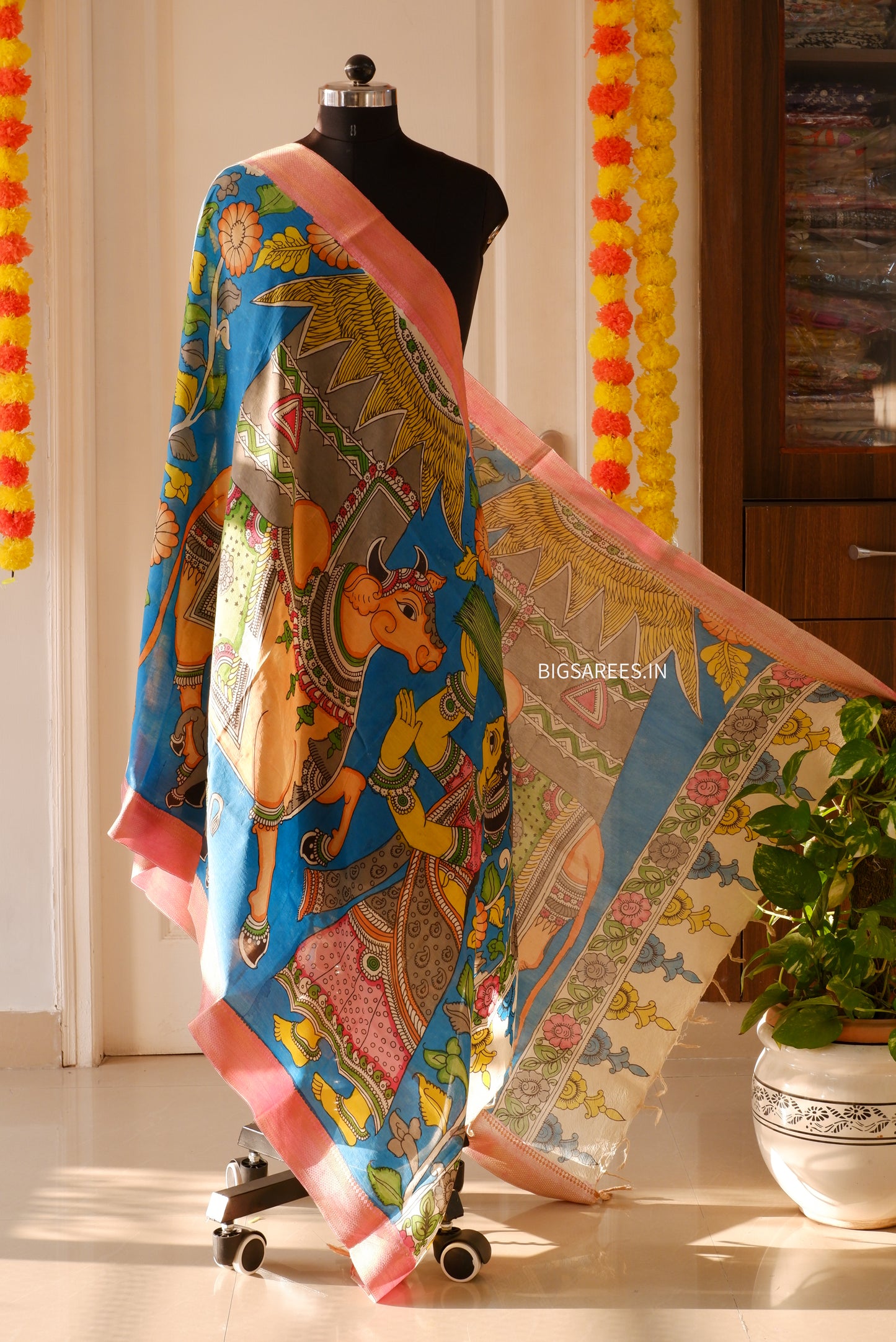 Pen Kalamkari Hand Painted Bangalore Silk Dupatta | Blue | 36"