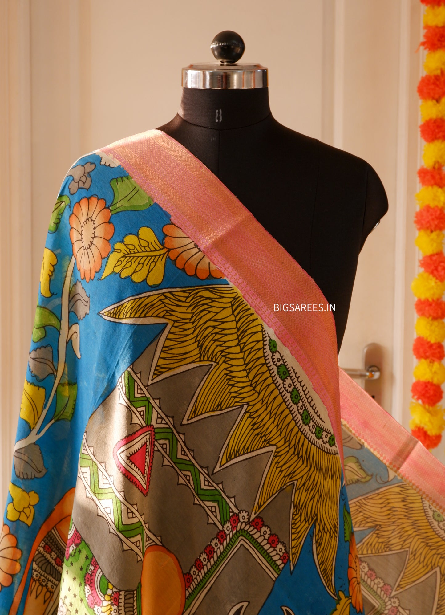 Pen Kalamkari Hand Painted Bangalore Silk Dupatta | Blue | 36"