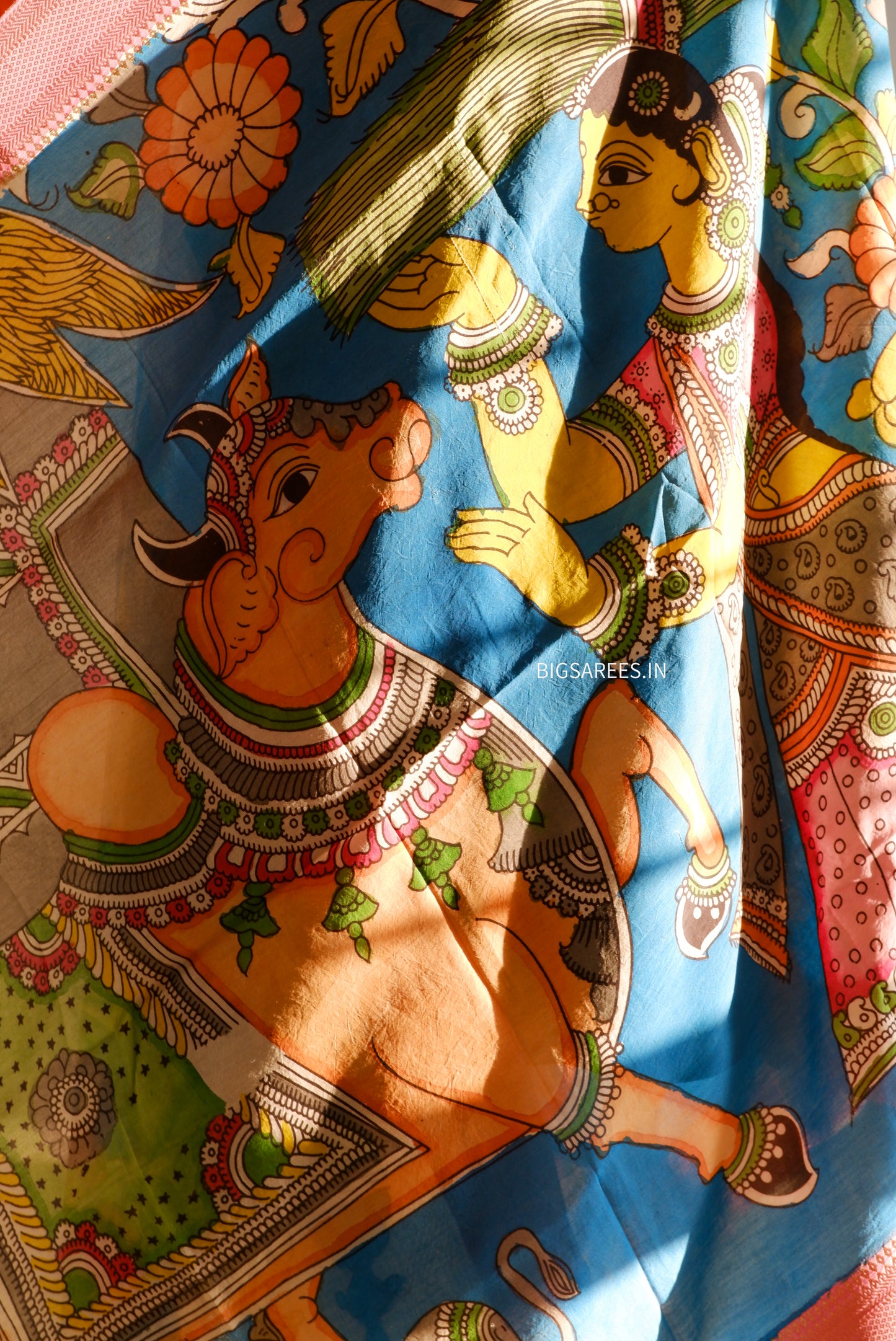 Pen Kalamkari Hand Painted Bangalore Silk Dupatta | Blue | 36"