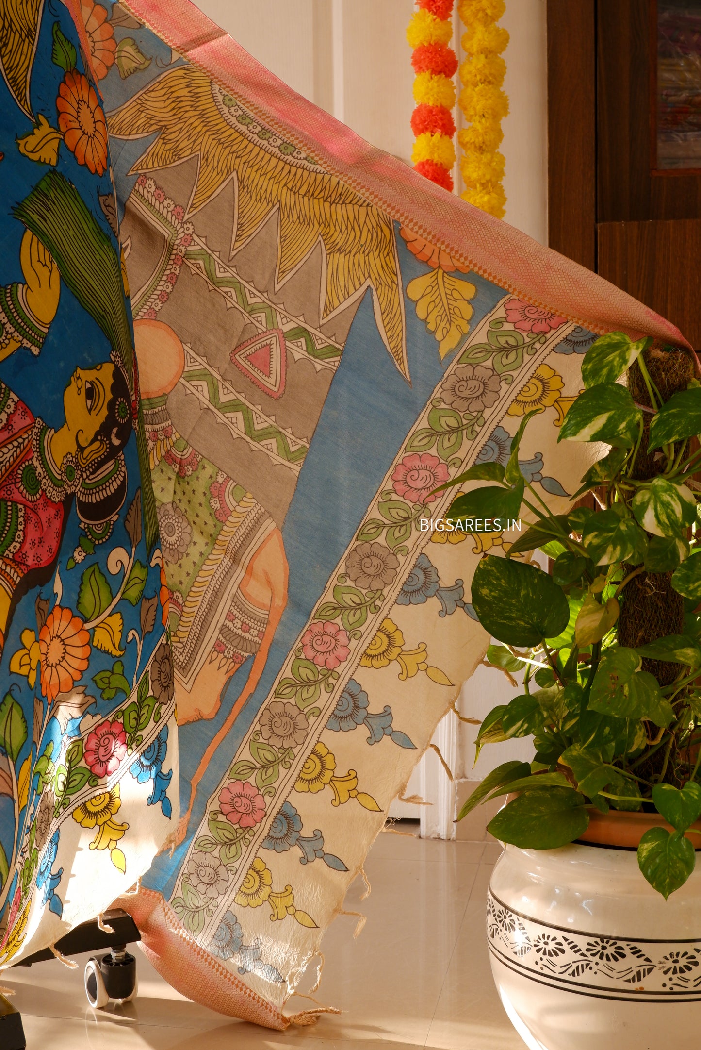 Pen Kalamkari Hand Painted Bangalore Silk Dupatta | Blue | 36"