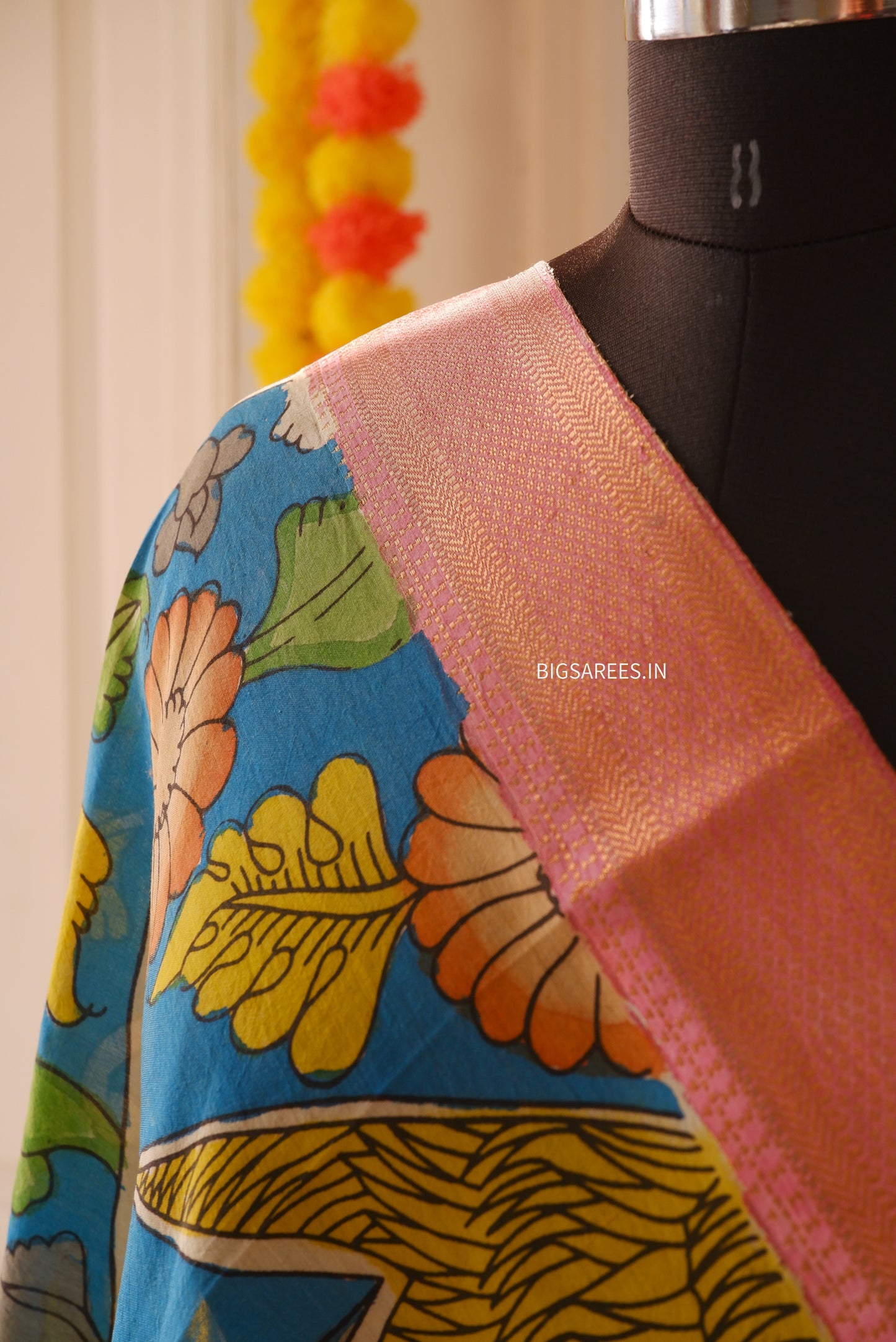 Pen Kalamkari Hand Painted Bangalore Silk Dupatta | Blue | 36"