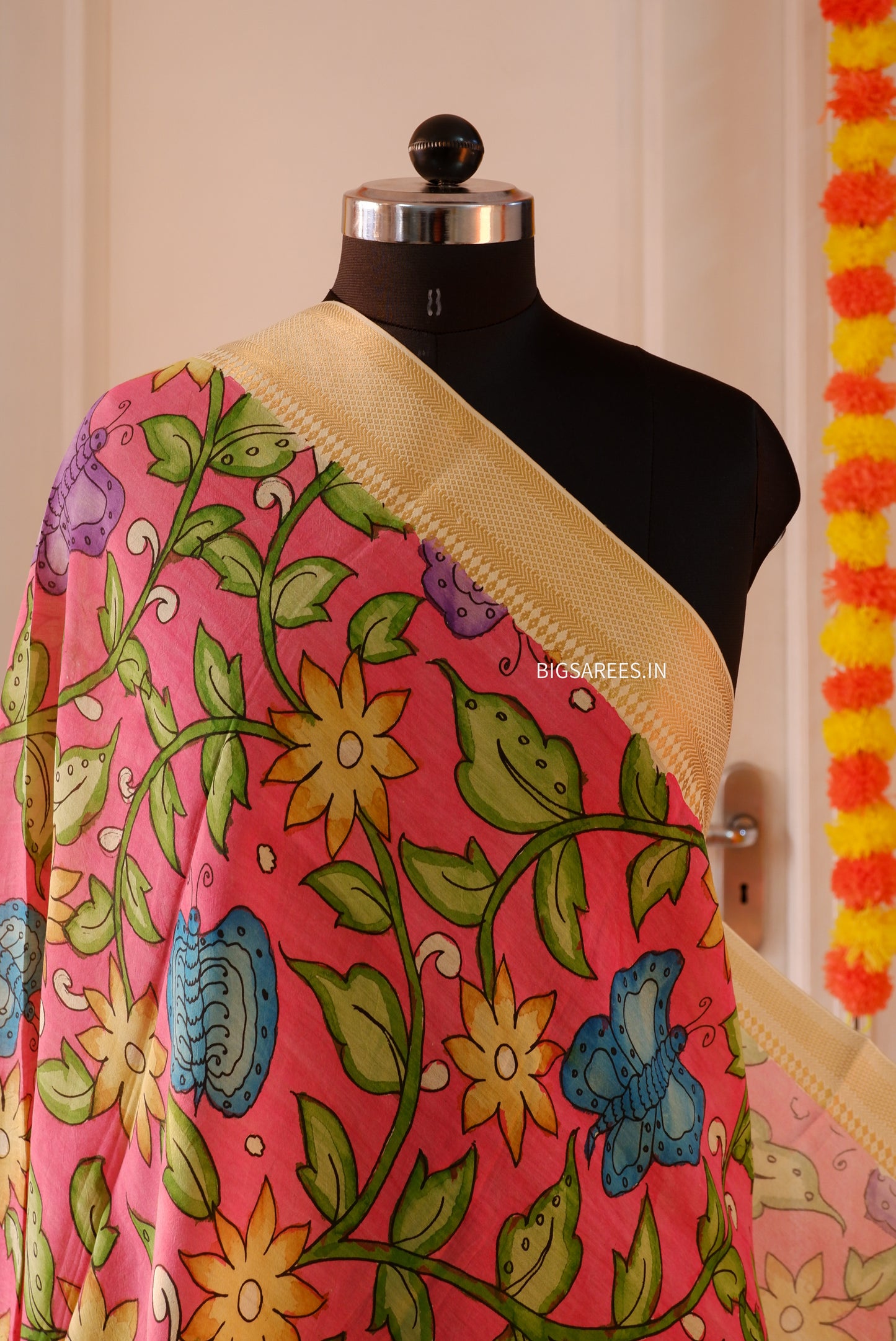 Pen Kalamkari Hand Painted Bangalore Silk Dupatta | Pink Red | 36"