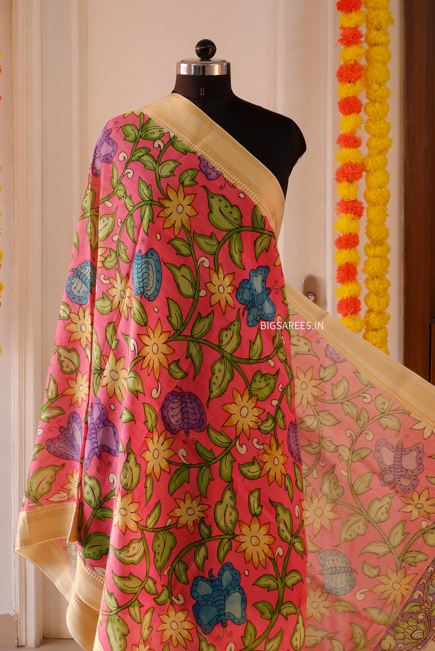 Pen Kalamkari Hand Painted Bangalore Silk Dupatta | Pink Red | 36"