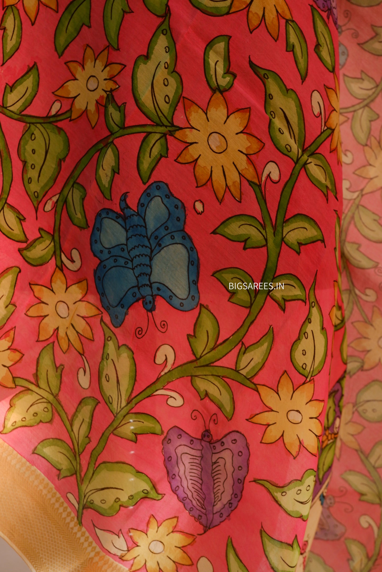 Pen Kalamkari Hand Painted Bangalore Silk Dupatta | Pink Red | 36"