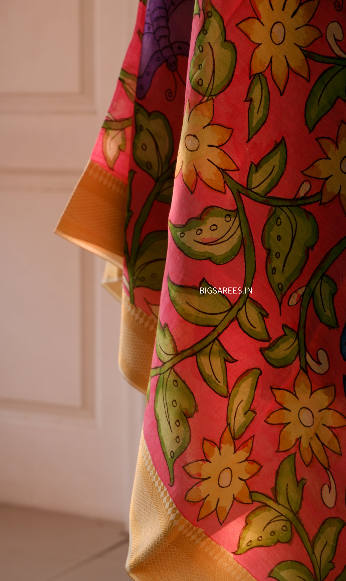 Pen Kalamkari Hand Painted Bangalore Silk Dupatta | Pink Red | 36"