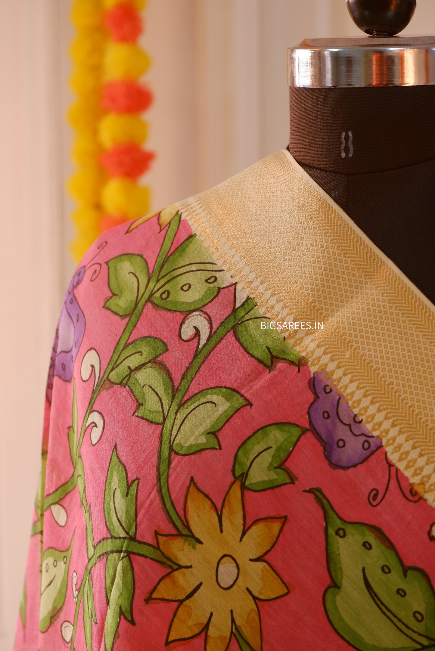 Pen Kalamkari Hand Painted Bangalore Silk Dupatta | Pink Red | 36"
