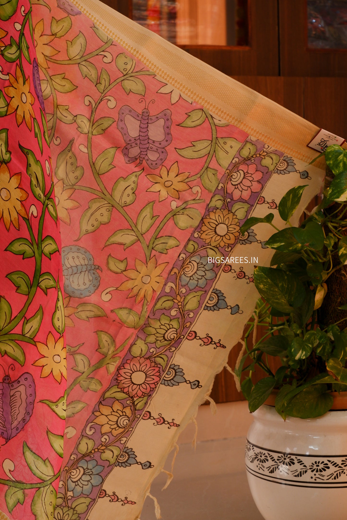 Pen Kalamkari Hand Painted Bangalore Silk Dupatta | Pink Red | 36"