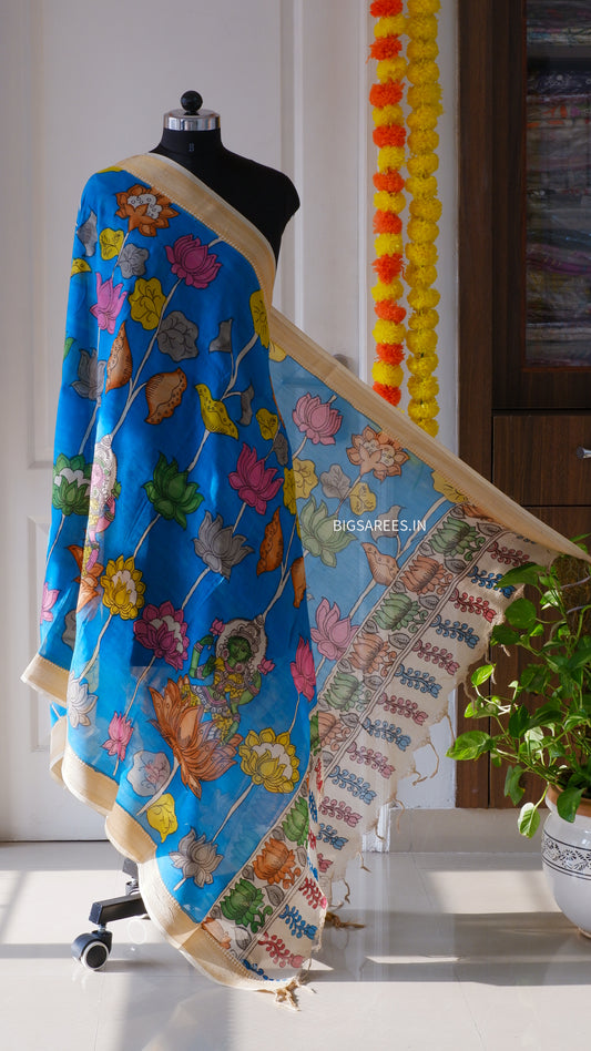 Pen Kalamkari Hand Painted Bangalore Silk Dupatta/Blue/36"