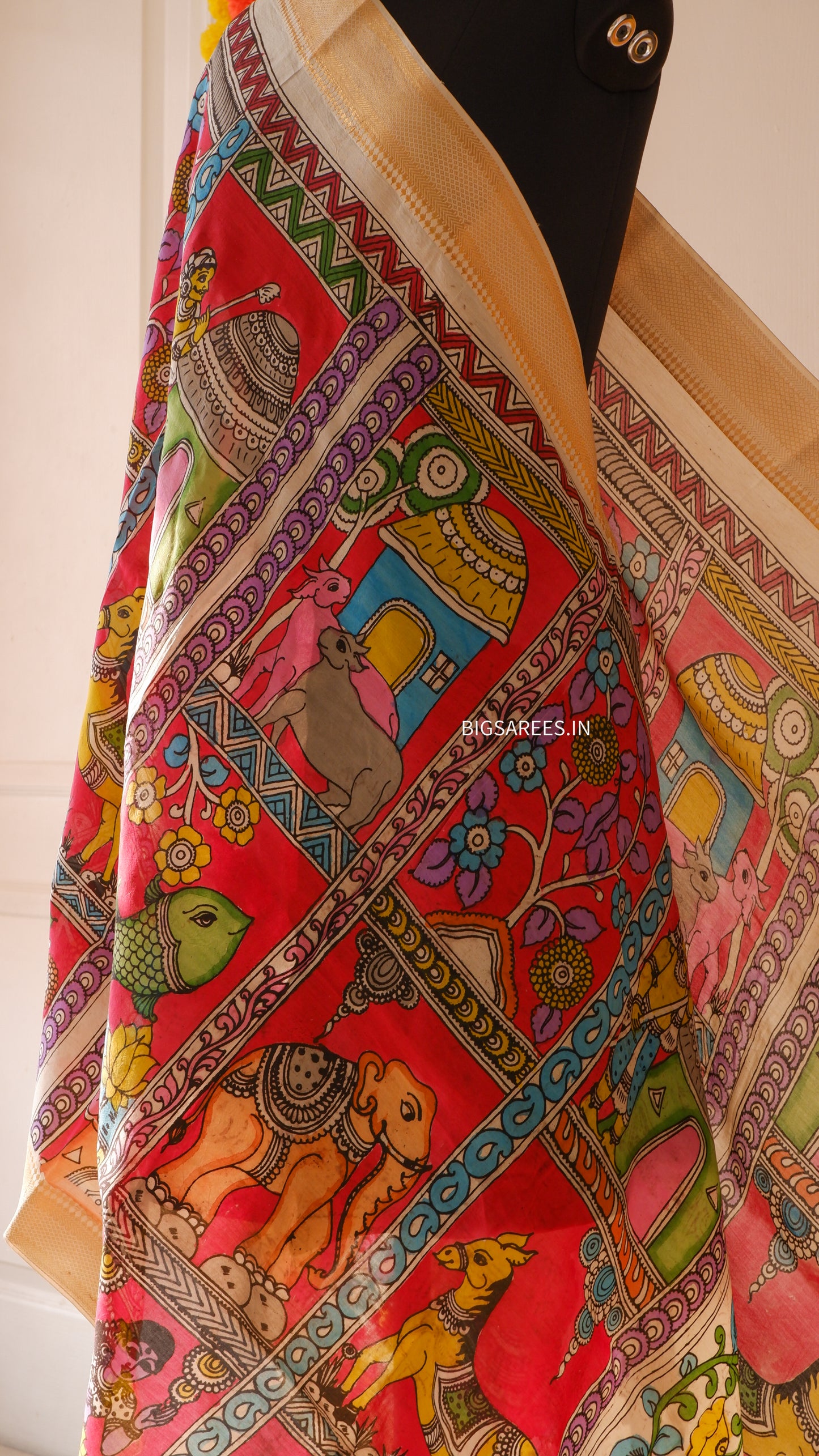 Pen Kalamkari hand painted Banglore Silk Dupatta