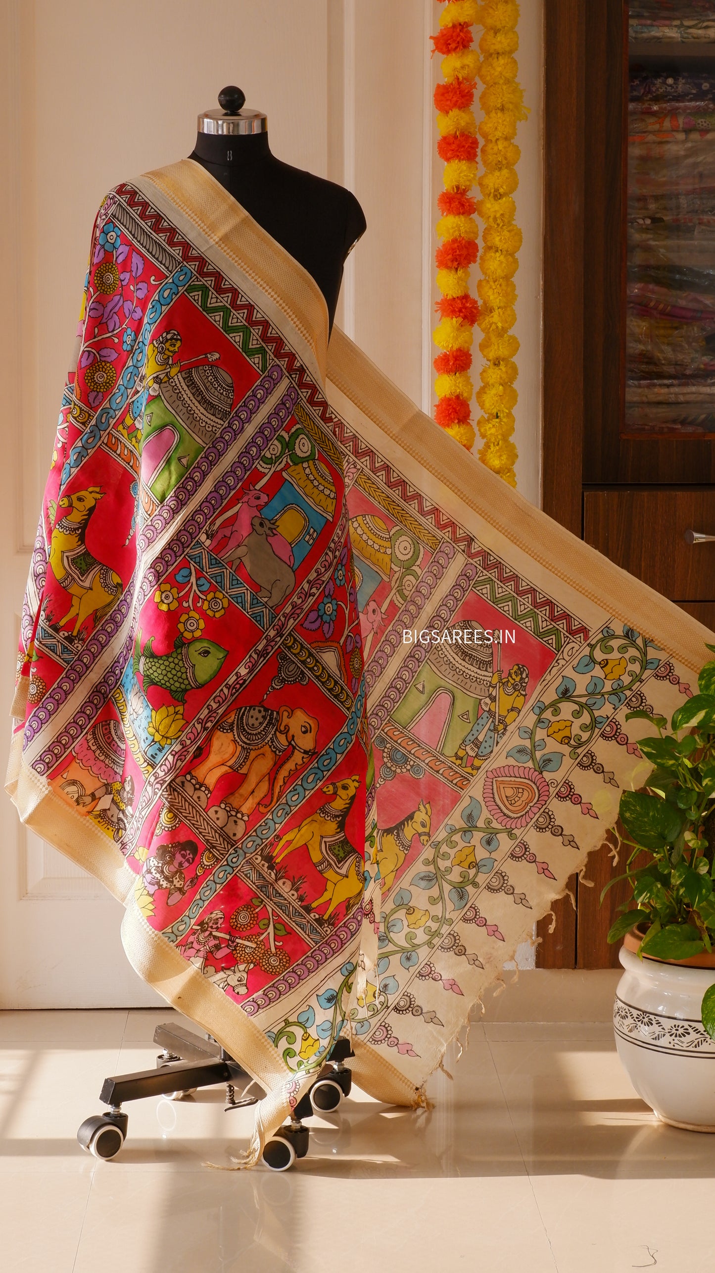 Pen Kalamkari hand painted Banglore Silk Dupatta