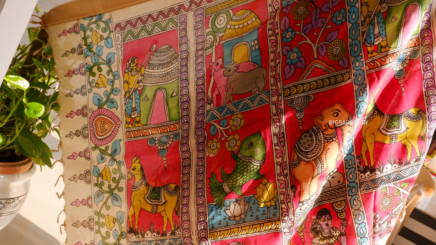 Pen Kalamkari hand painted Banglore Silk Dupatta