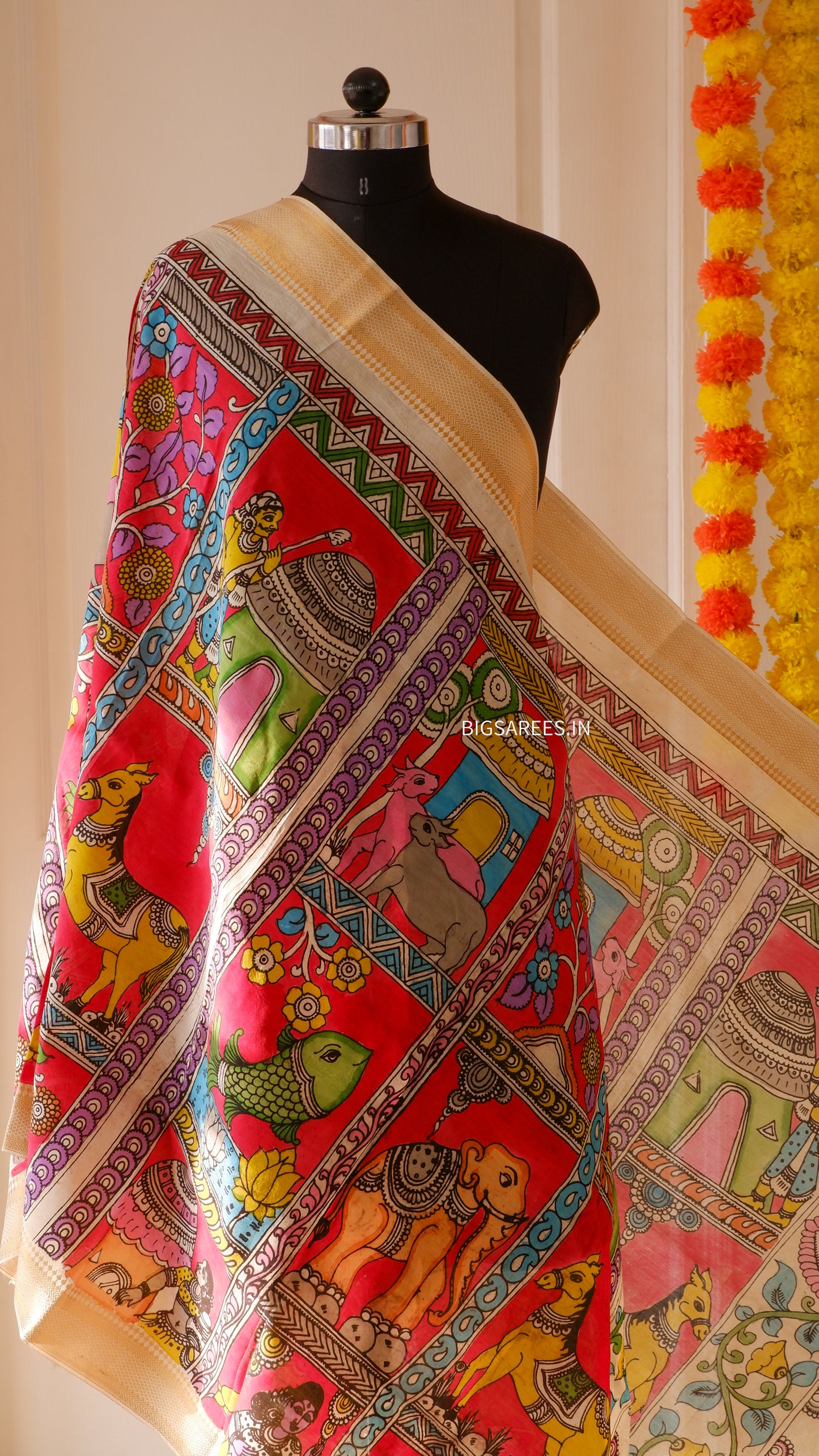 Pen Kalamkari hand painted Banglore Silk Dupatta