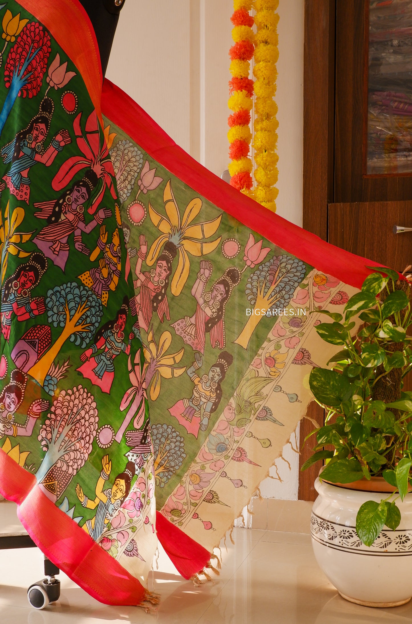 Pen Kalamkari hand painted Banglore Silk Dupatta
