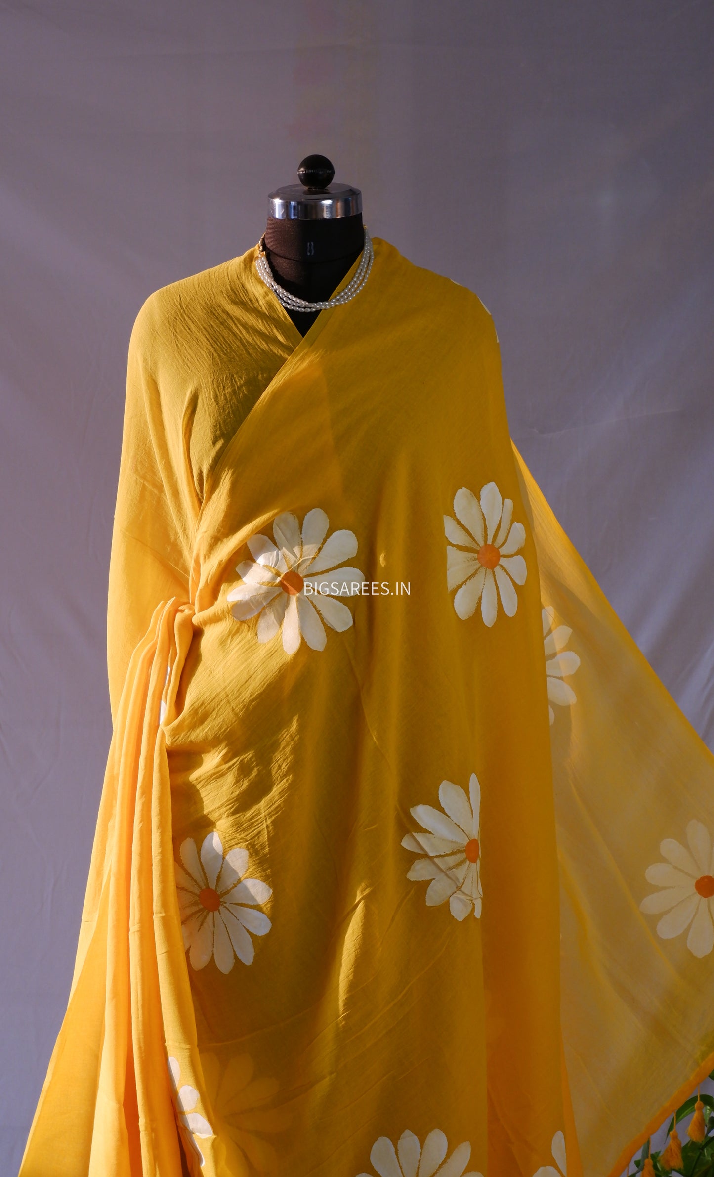 Hand Painted Mul Cotton Saree with Blouse | Yellow