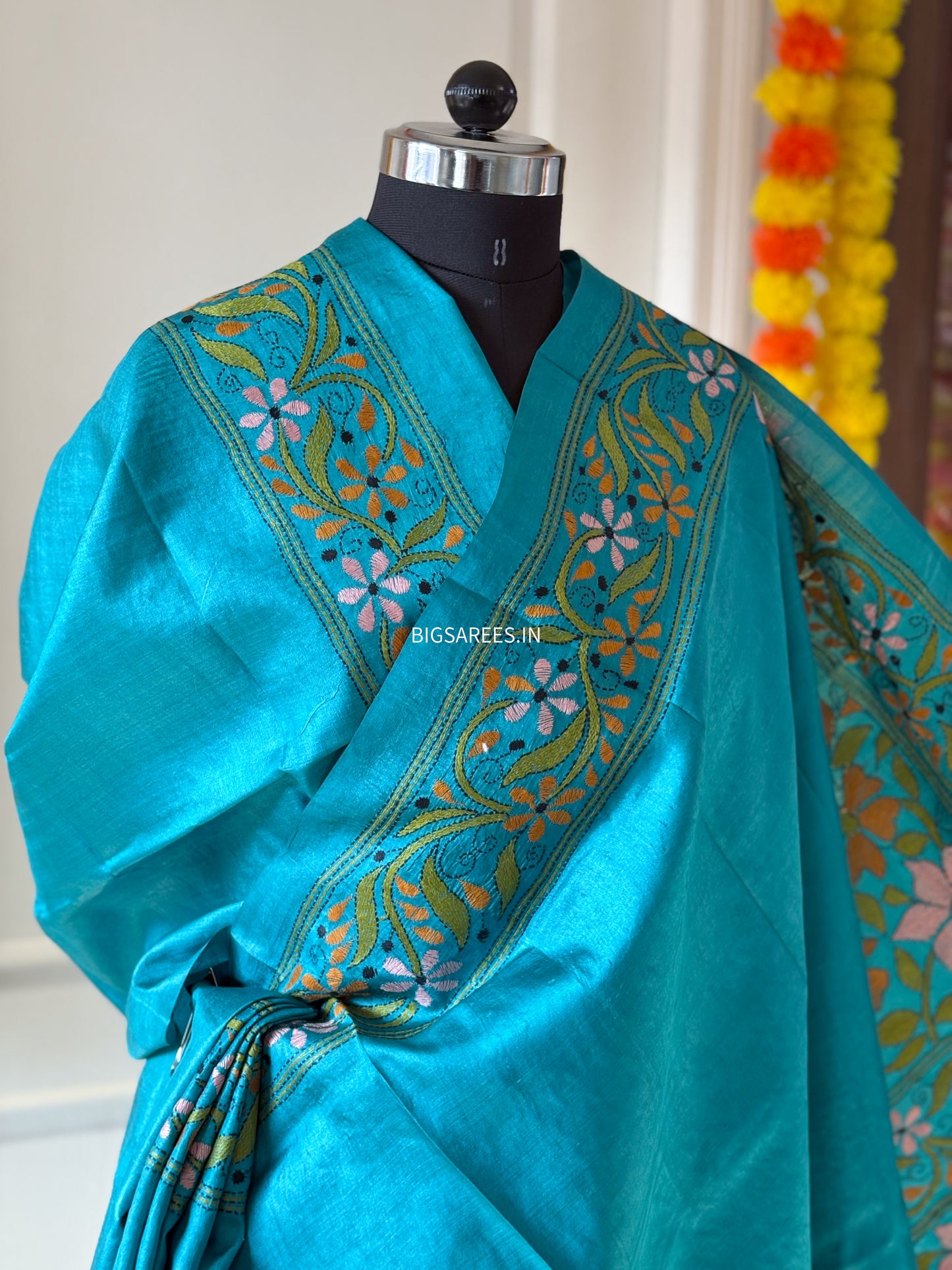 Kantha Hand Embroidered Saree With Blouse | Pure Gachi by Gachi Tussar Silk | Silk Mark Certified | Blue