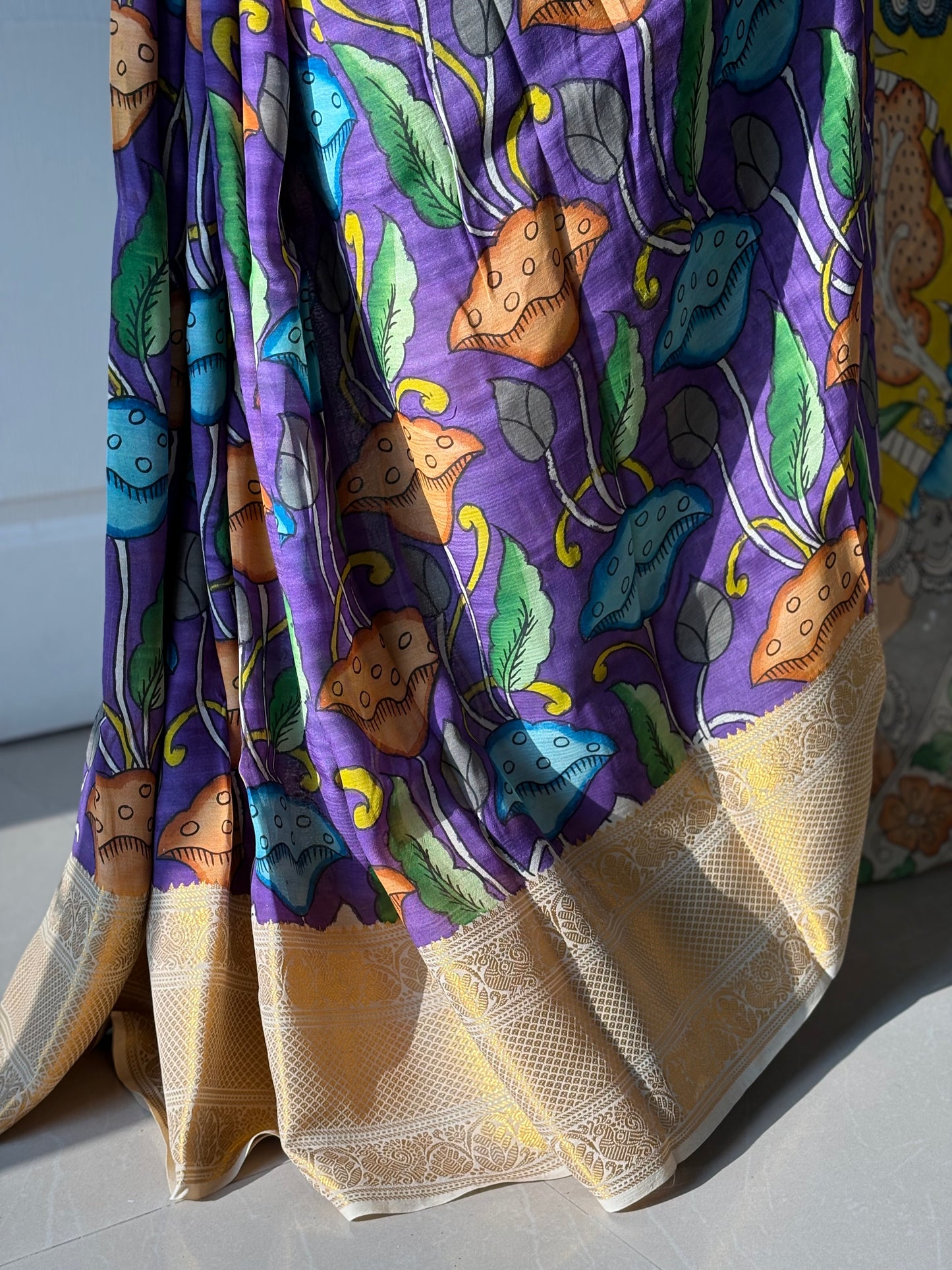 Pen Kalamkari hand painted Banglore Silk Saree with blouse