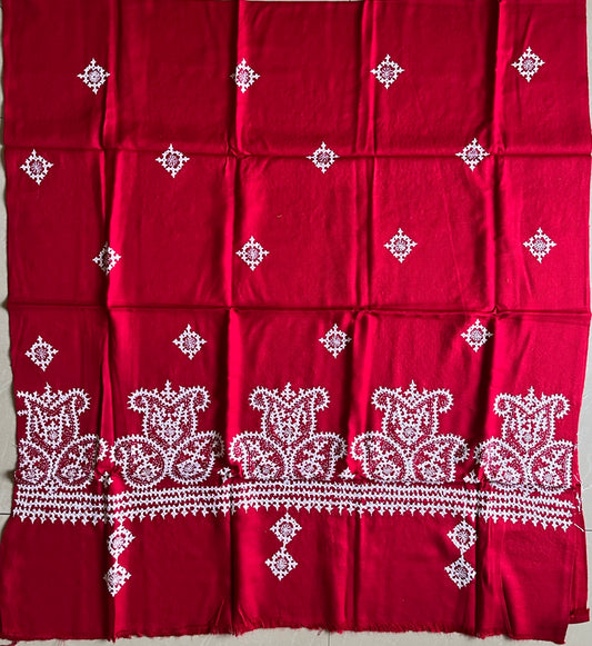 Gujrati Stitch Hand Embroidered Woollen Warm Shawl (Red)