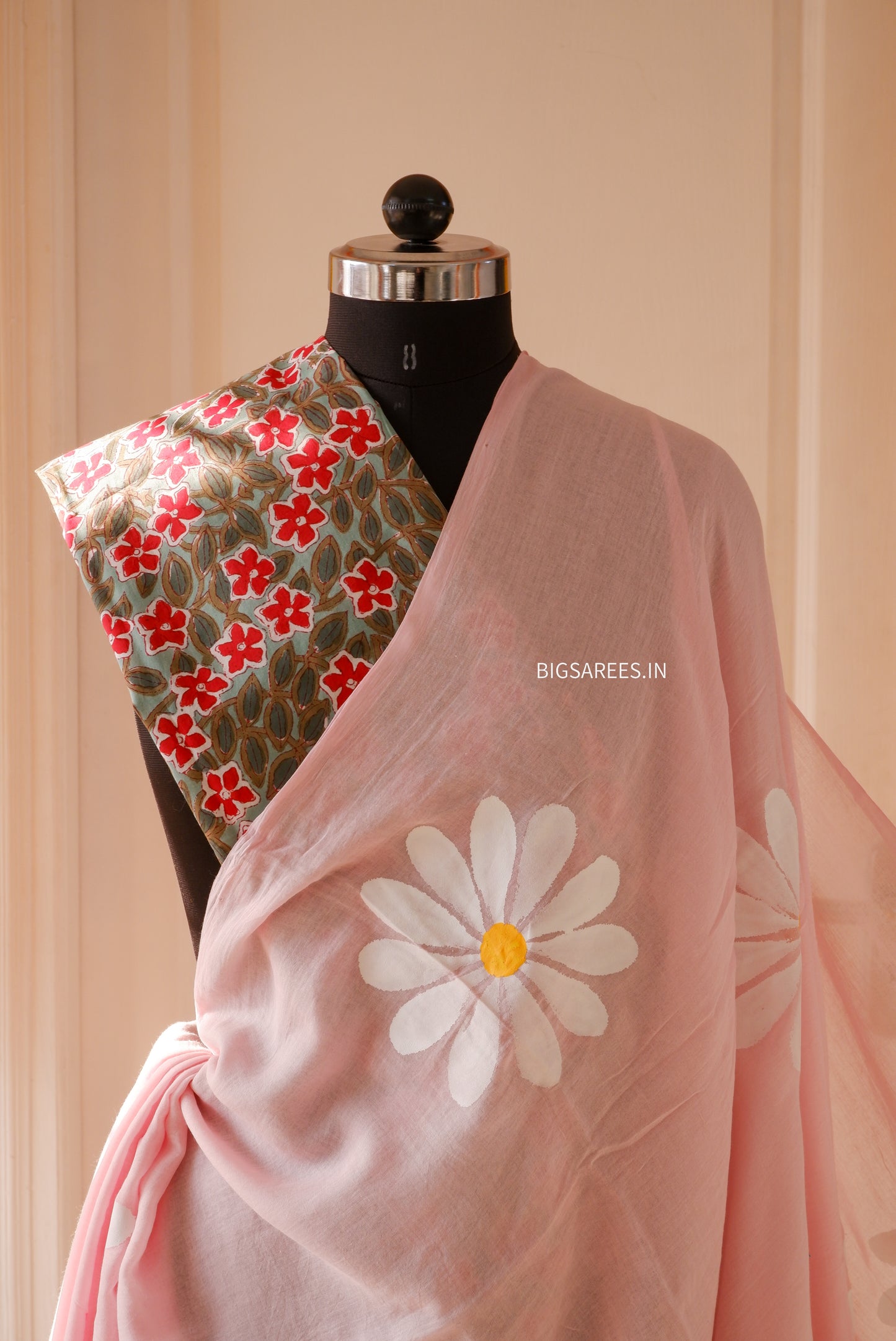 Hand Painted Mul Cotton Saree with Blouse | Pink