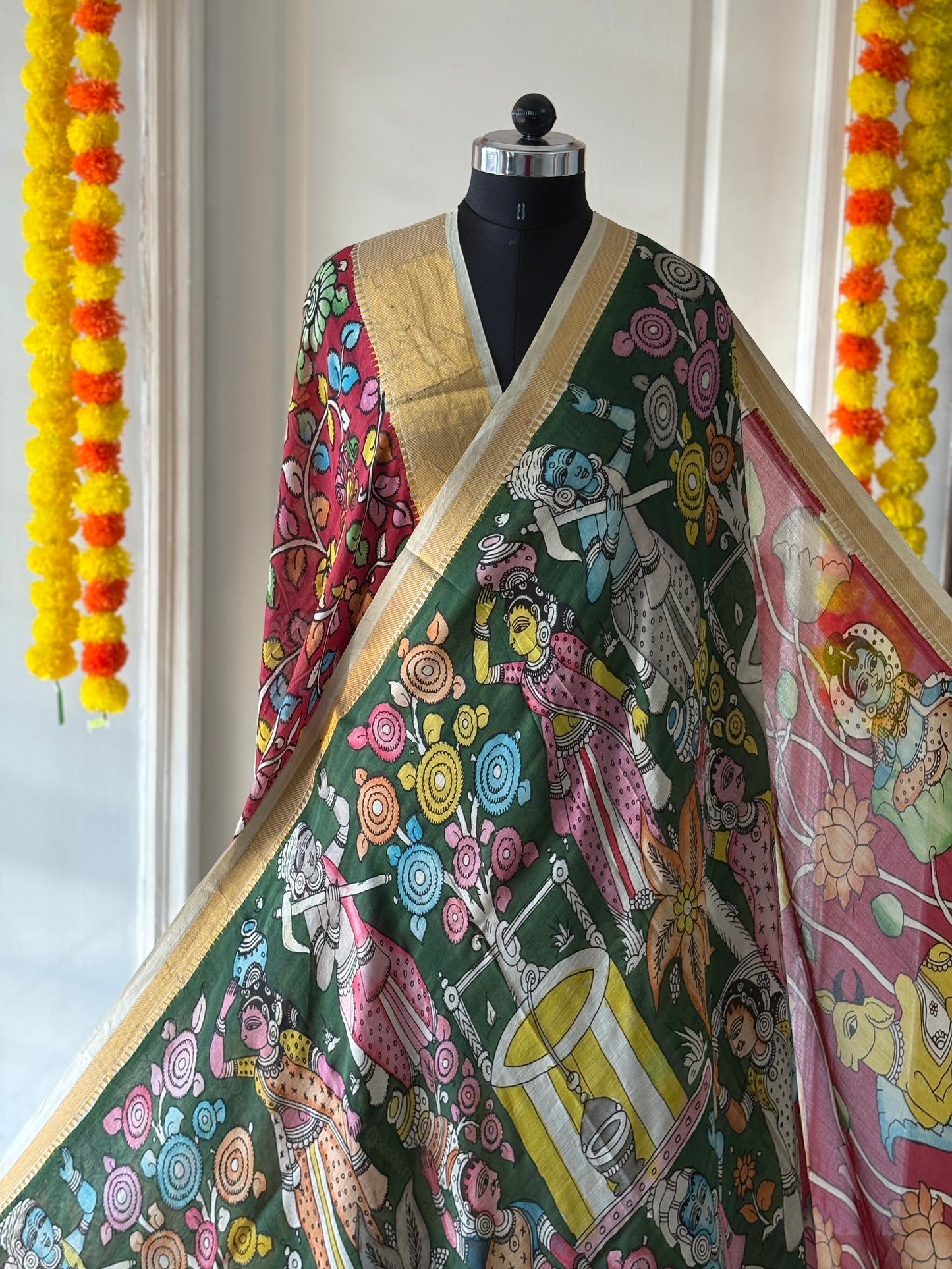 Pen Kalamkari hand painted Banglore Silk Saree with blouse