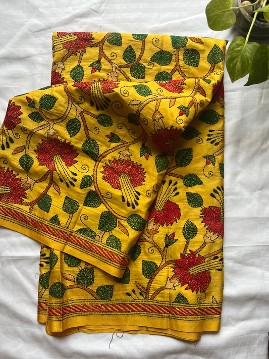 Yellow Kantha Stitch Hand Embroidary Full Work Blended Banglore Silk Dupatta 44″