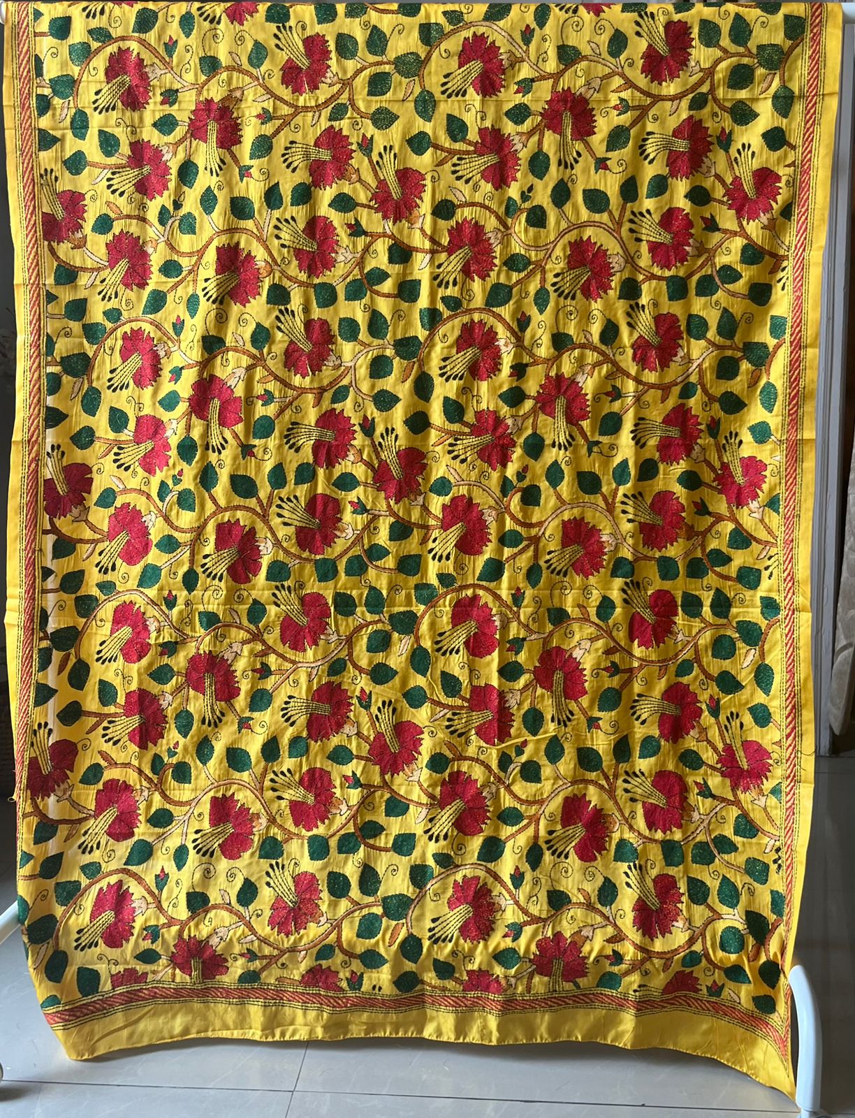 Yellow Kantha Stitch Hand Embroidary Full Work Blended Banglore Silk Dupatta 44″