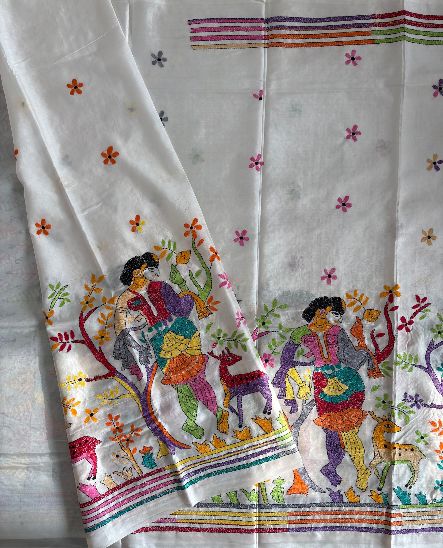 Kantha Hand Embroidered Blended Banglore Silk/Art Silk Saree With Blouse